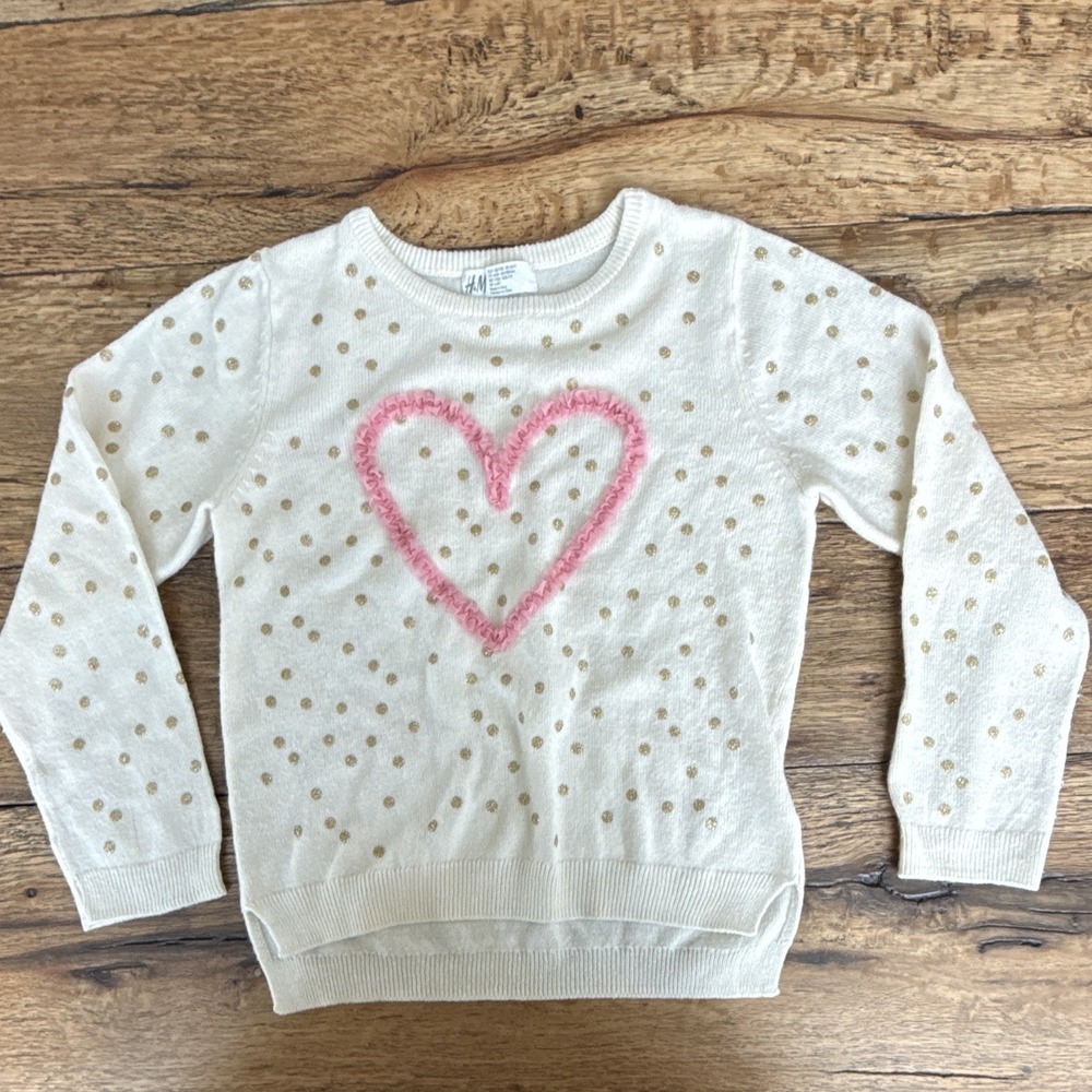 H&M Girls Cream Knit Sweater Gold Polka Dot Pink Heart Long Sleeve 6X/7